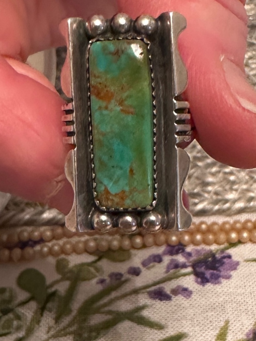 Navajo Handmade Kingman Turquoise Rectangular Ring